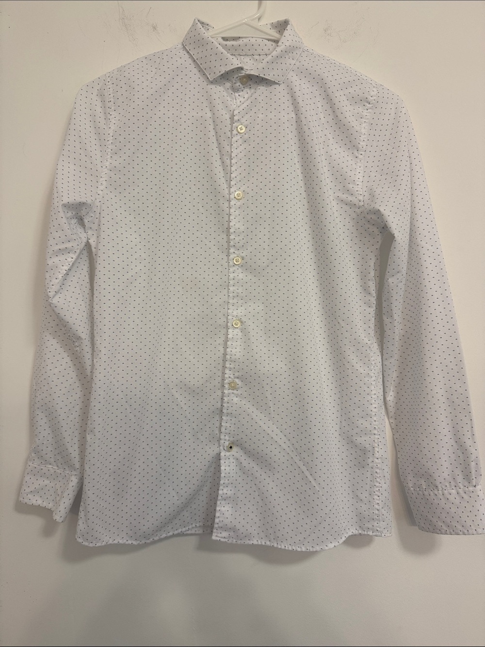 Zara White Button-Down Shirt with Navy Micro Dots
